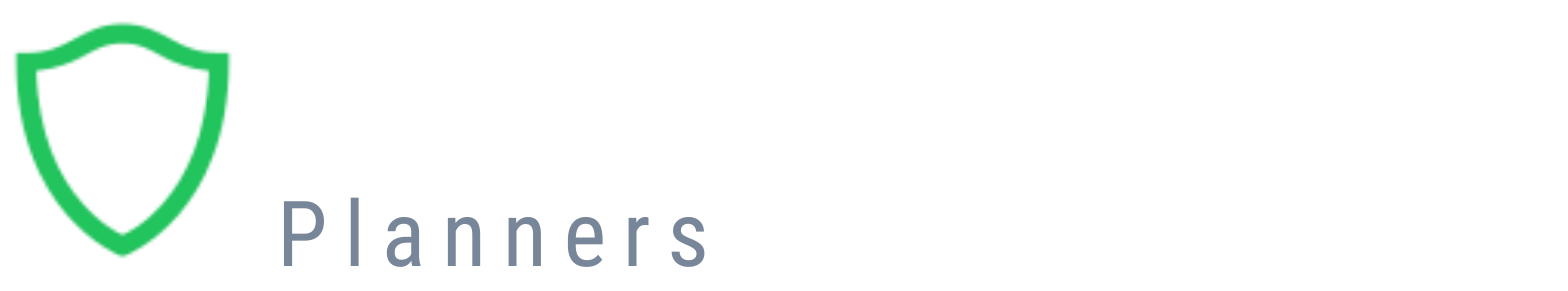 Logo with a green shield icon and the text Asset Protection Planners in light grey and dark grey on a light background.