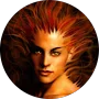 Digital artwork featuring a person with spiked, fiery red and orange hair, looking directly at the viewer against a dark circular background—a striking visual worthy of glowing testimonials.