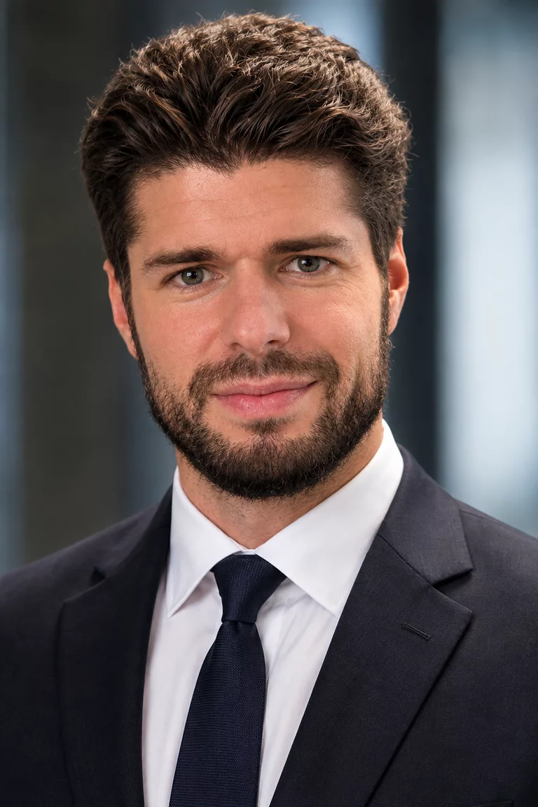 A man with short dark hair and a beard, identified as Bryson Stephen, JD, wears a dark suit, white shirt, and dark tie, standing in front of a blurred background.
